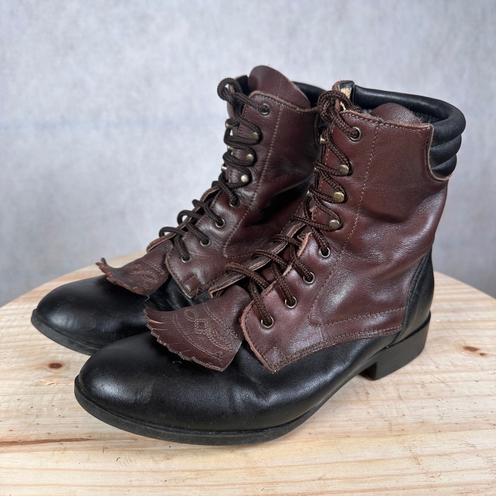 Dan Post Arena Lace Up Boots Womens 6M Brown Black Leather Kiltie DP00855 Good